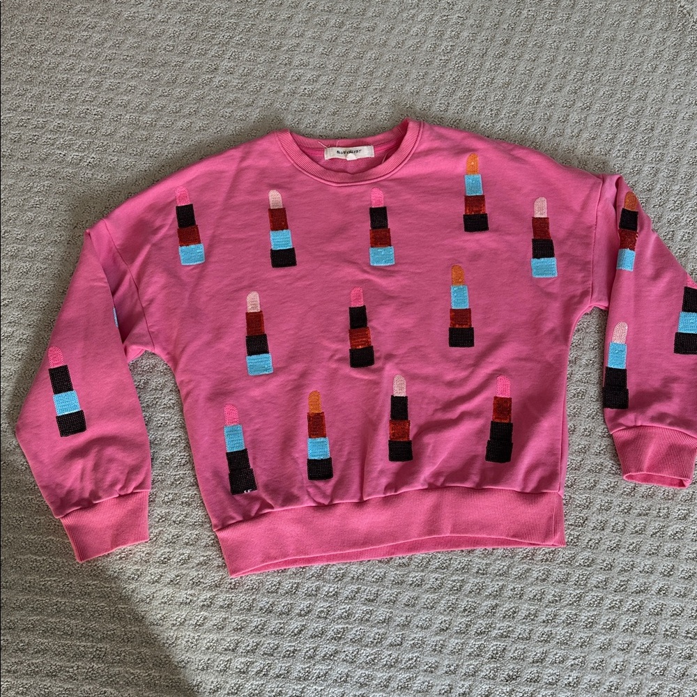Sequin Sparkles Pink Lipstick Motif Sweater small